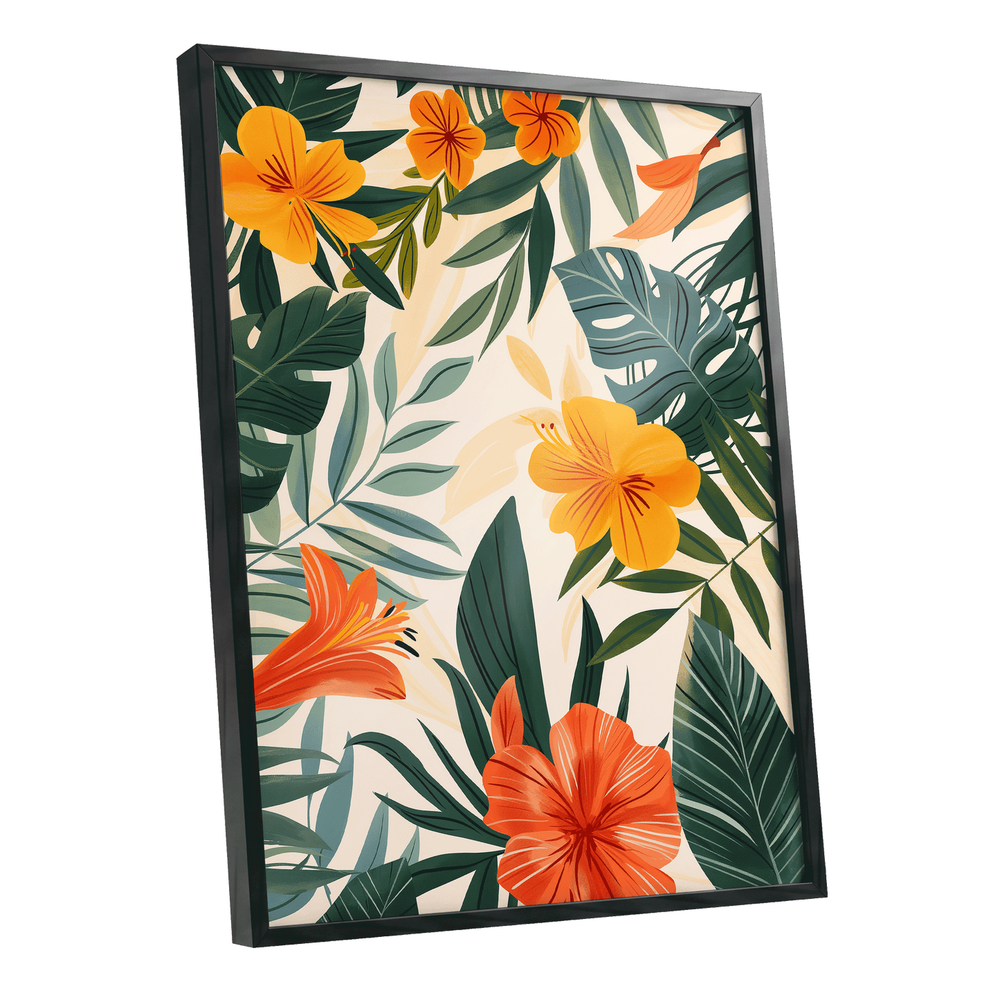 Tropical Ember Garden, green, beige, orange floral wall art shown as a black framed poster wall art print