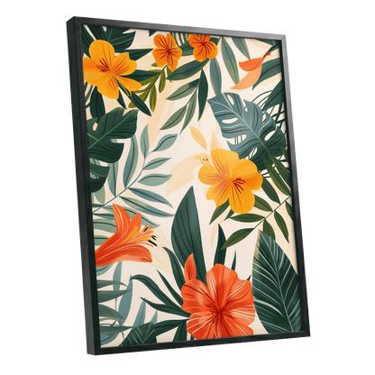 Tropical Ember Garden, green, beige, orange floral wall art shown as a black framed poster wall art print