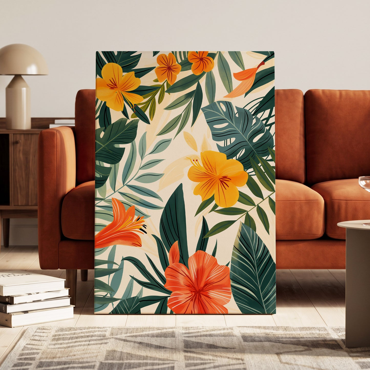 Tropical Ember Garden, green, beige, orange floral wall art on canvas displayed in a styled interior, gallery view 1