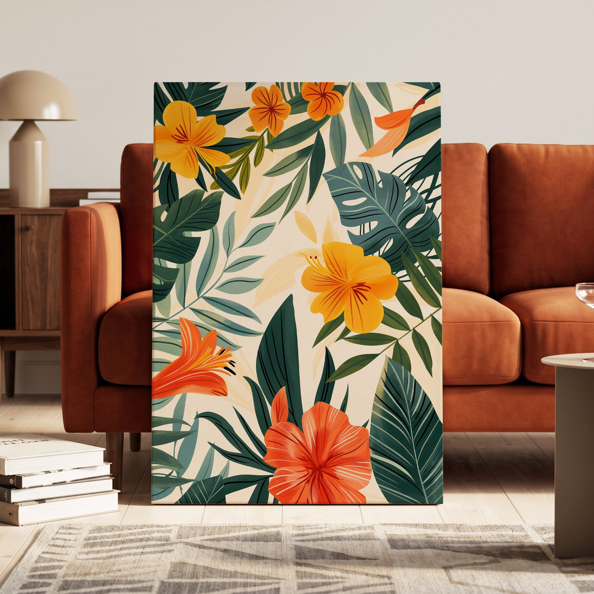 Tropical Ember Garden, green, beige, orange floral wall art on canvas displayed in a styled interior, gallery view 1