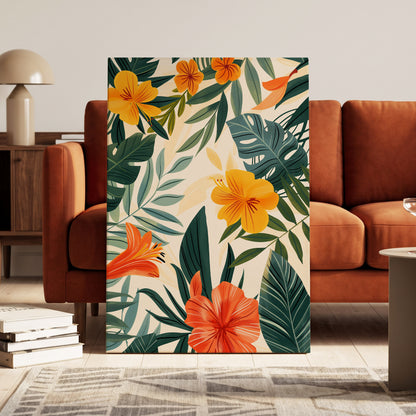 Tropical Ember Garden, green, beige, orange floral wall art on canvas displayed in a styled interior, gallery view 1