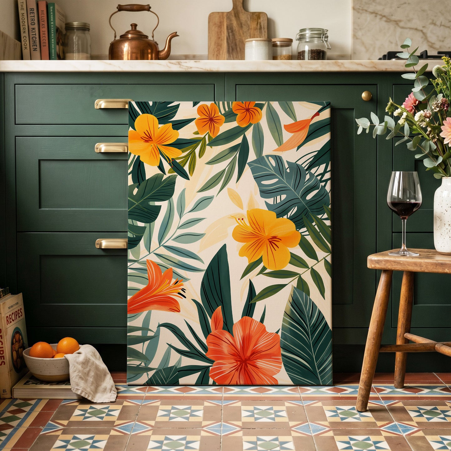 Tropical Ember Garden, green, beige, orange floral wall art on canvas displayed in a styled interior, gallery view 2