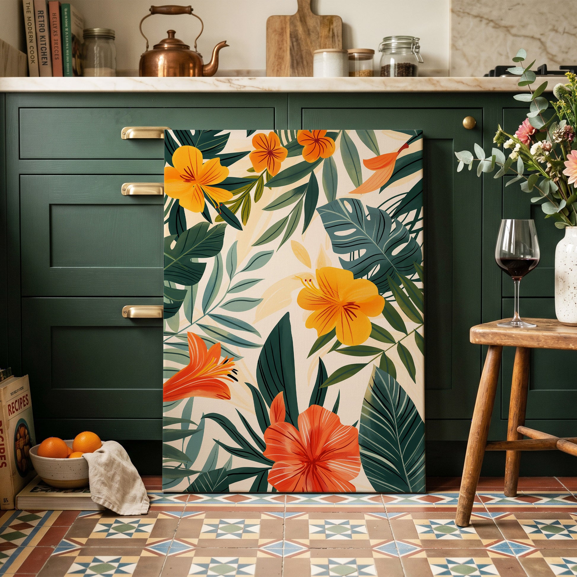 Tropical Ember Garden, green, beige, orange floral wall art on canvas displayed in a styled interior, gallery view 2