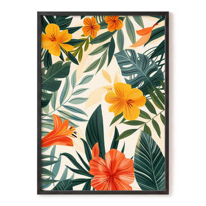 Tropical Ember Garden, green, beige, orange floral wall art, front artwork view