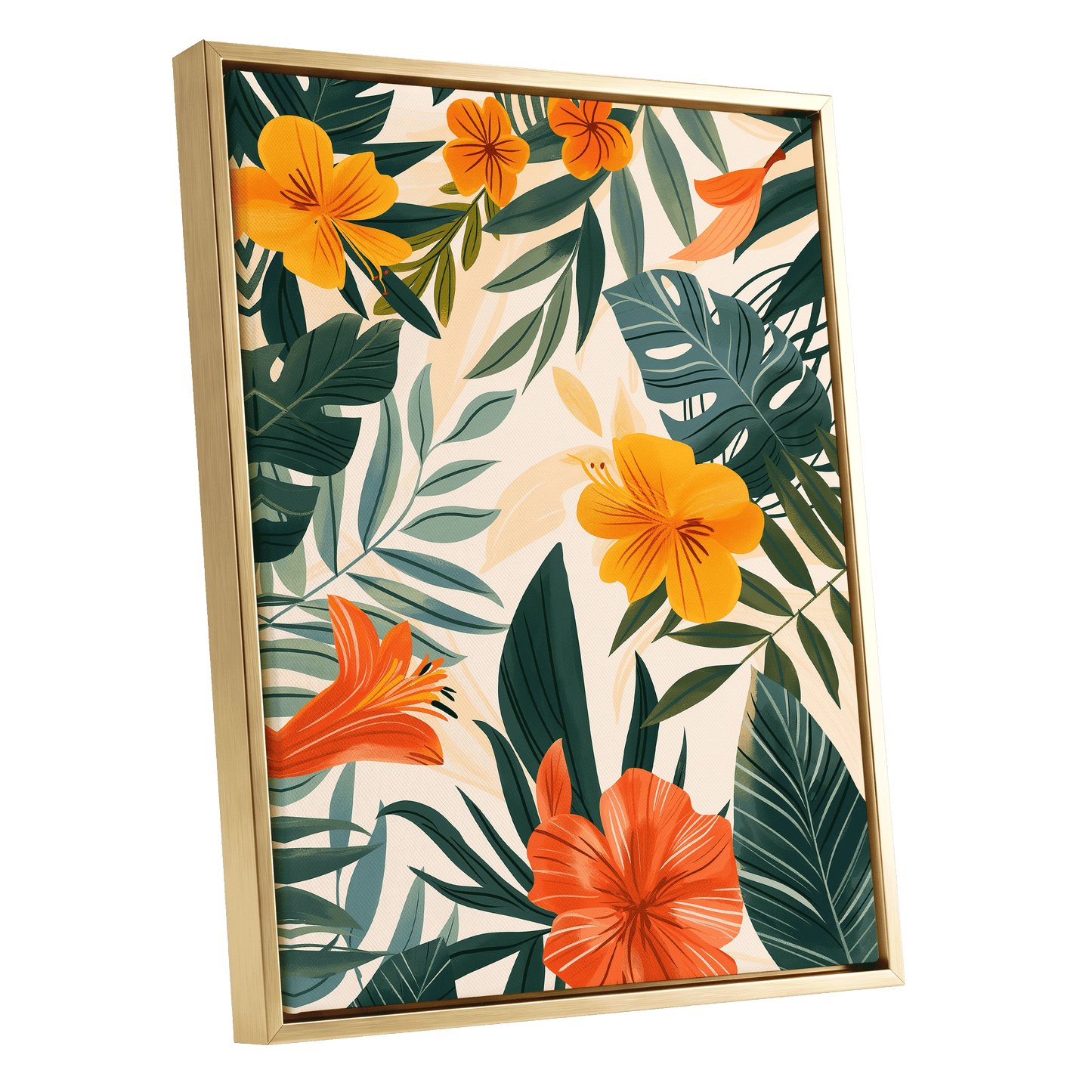 Tropical Ember Garden, green, beige, orange floral wall art shown as a gold framed canvas wall art