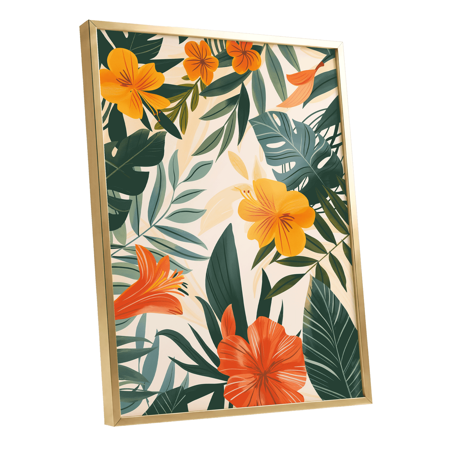 Tropical Ember Garden, green, beige, orange floral wall art shown as a gold framed poster wall art print