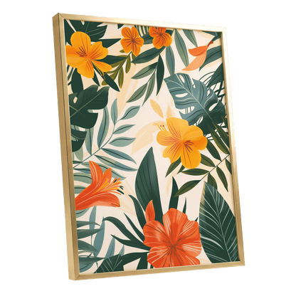 Tropical Ember Garden, green, beige, orange floral wall art shown as a gold framed poster wall art print