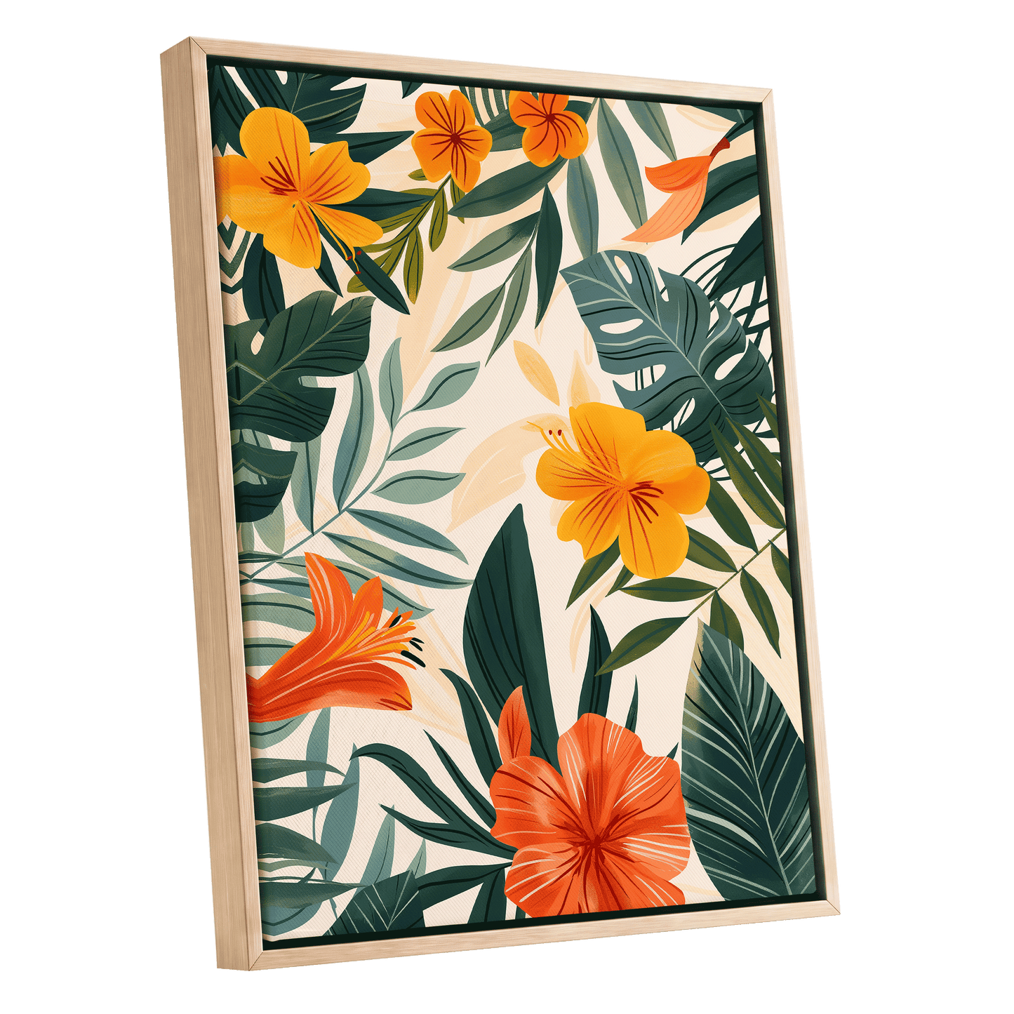 Tropical Ember Garden, green, beige, orange floral wall art shown as a oak framed canvas wall art