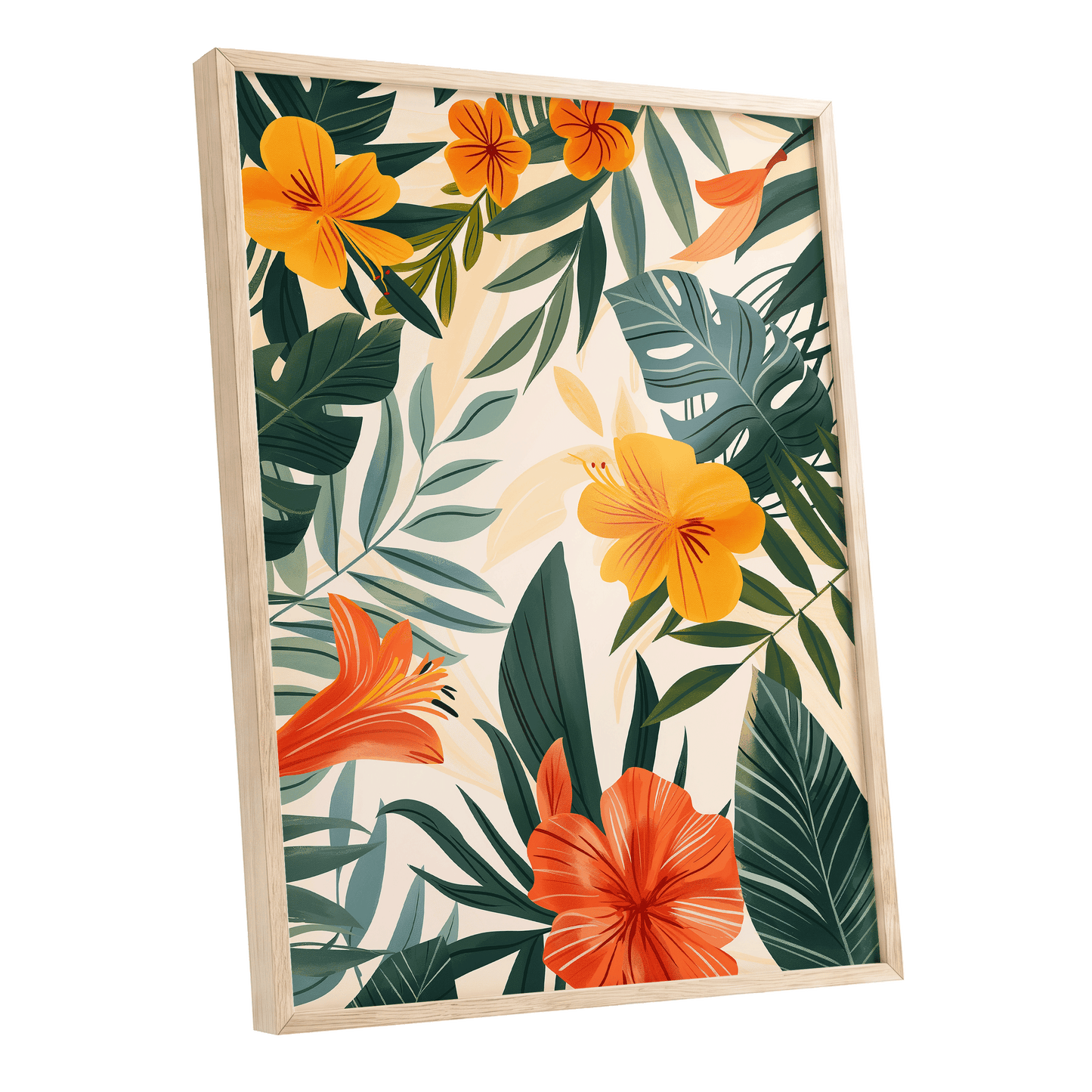 Tropical Ember Garden, green, beige, orange floral wall art shown as a oak framed poster wall art print