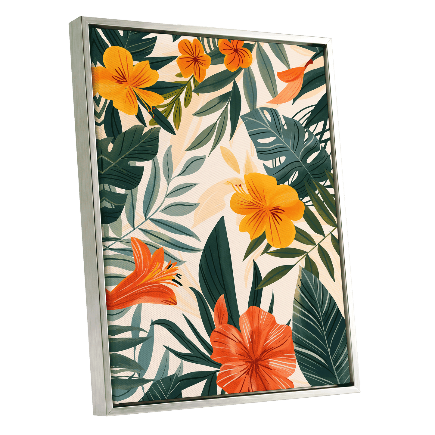 Tropical Ember Garden, green, beige, orange floral wall art shown as a silver framed canvas wall art