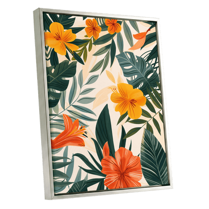 Tropical Ember Garden, green, beige, orange floral wall art shown as a silver framed canvas wall art