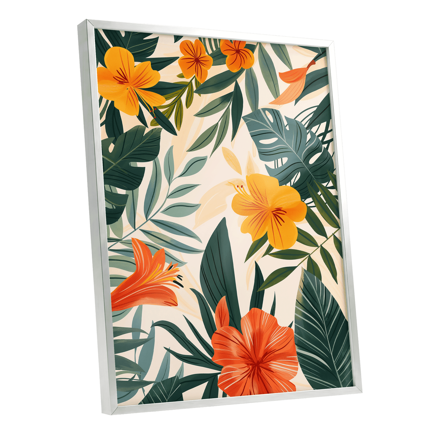 Tropical Ember Garden, green, beige, orange floral wall art shown as a silver framed poster wall art print
