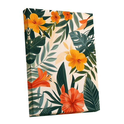 Tropical Ember Garden, green, beige, orange floral wall art shown as a stretched canvas wall art