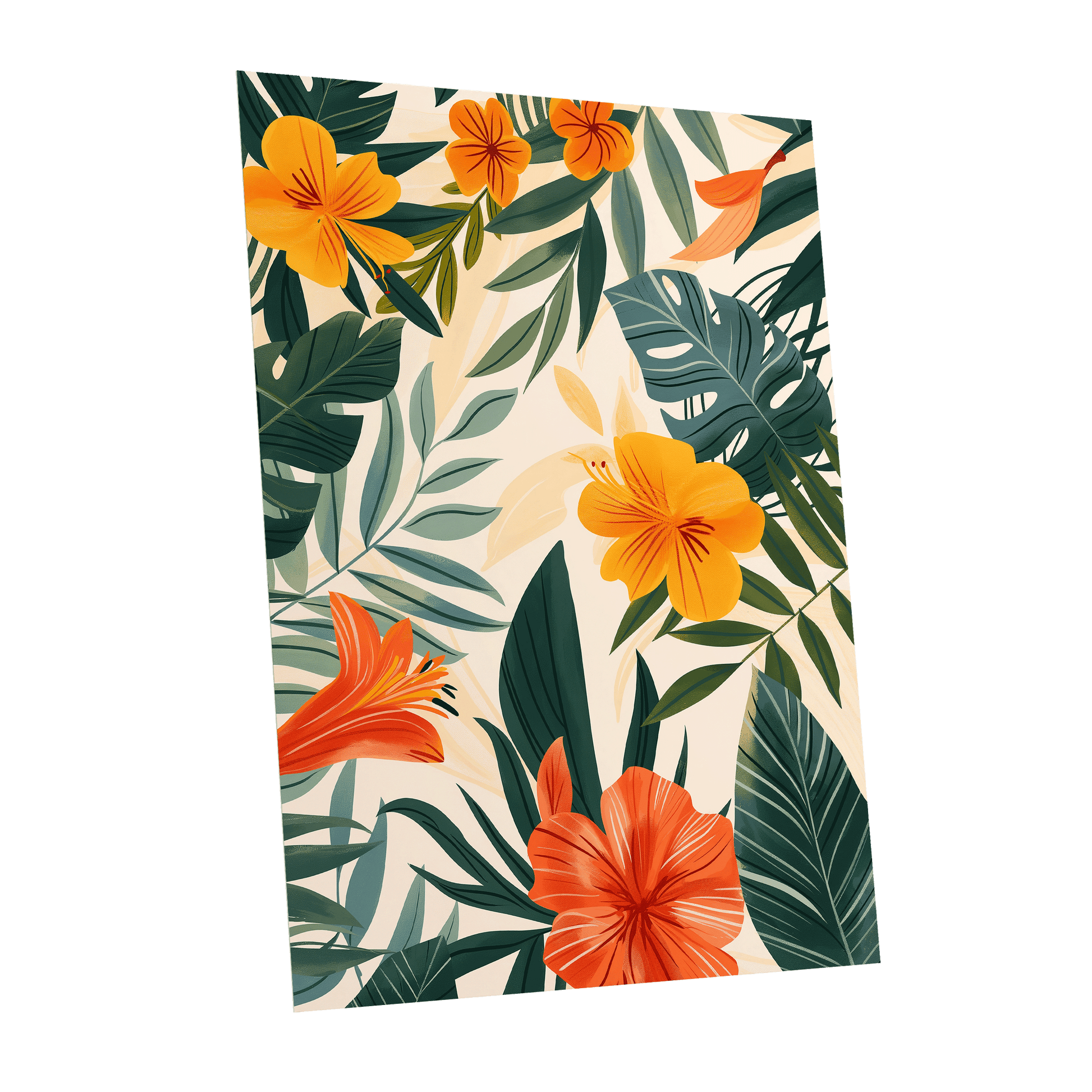 Tropical Ember Garden, green, beige, orange floral wall art shown as a unframed poster wall art print