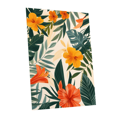 Tropical Ember Garden, green, beige, orange floral wall art shown as a unframed poster wall art print
