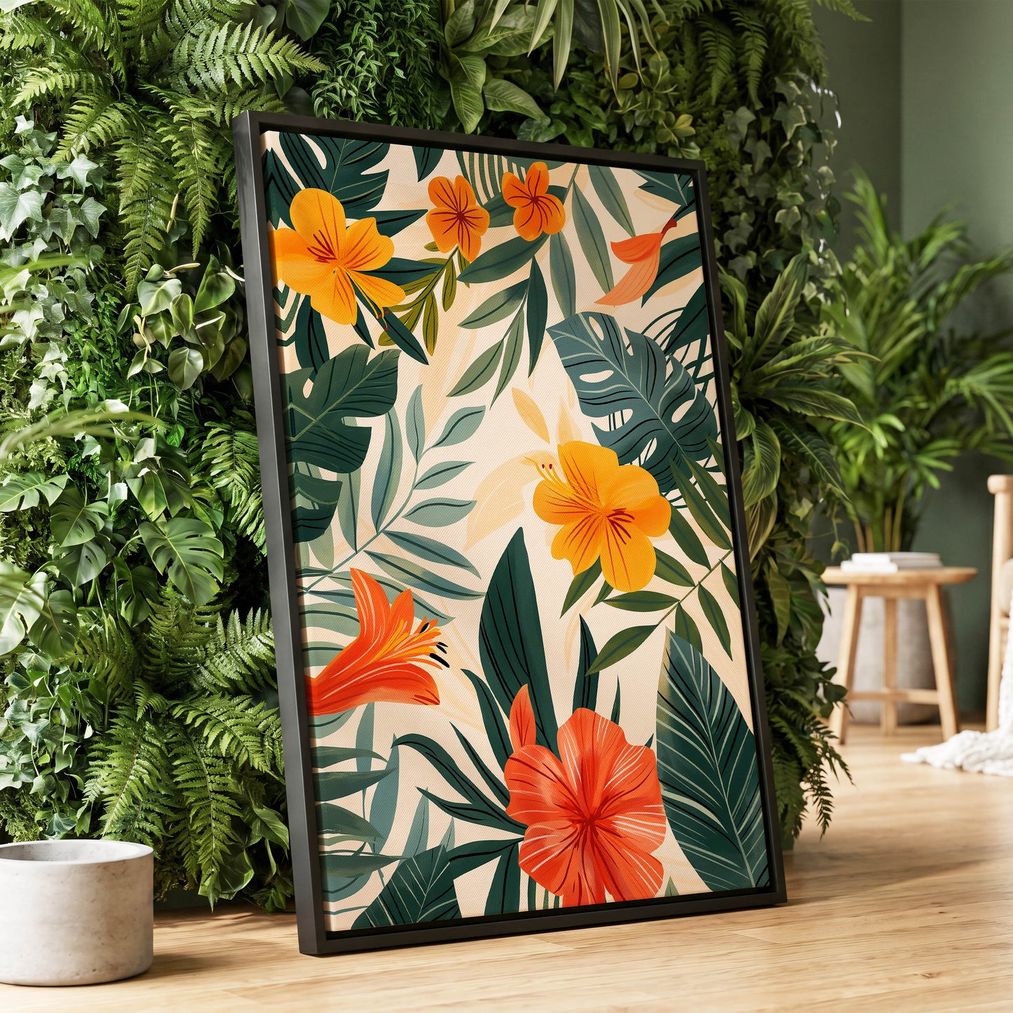 Tropical Ember Garden, green, beige, orange floral wall art displayed in a styled interior, gallery view 1