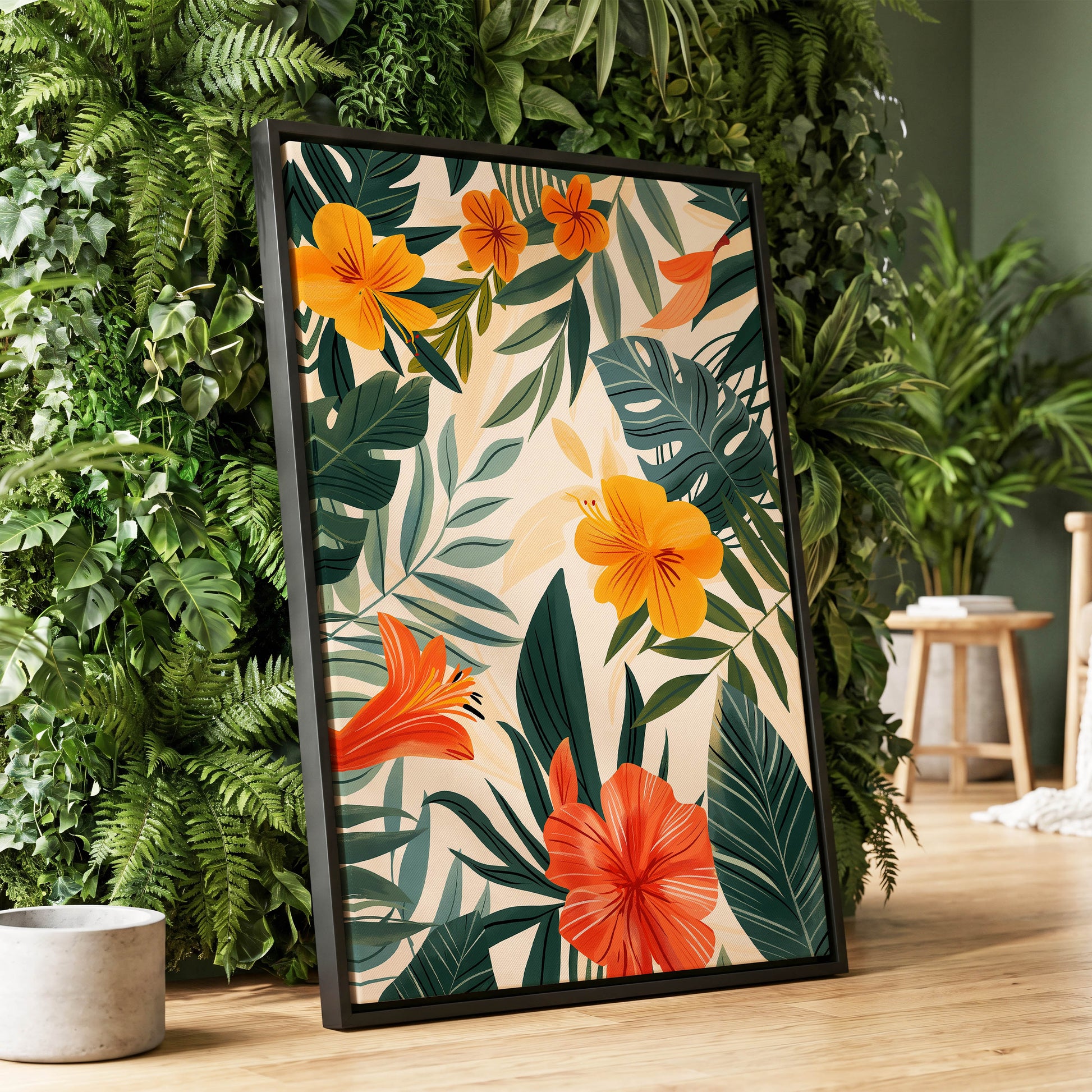 Tropical Ember Garden, green, beige, orange floral wall art displayed in a styled interior, gallery view 1