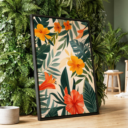 Tropical Ember Garden, green, beige, orange floral wall art displayed in a styled interior, gallery view 1
