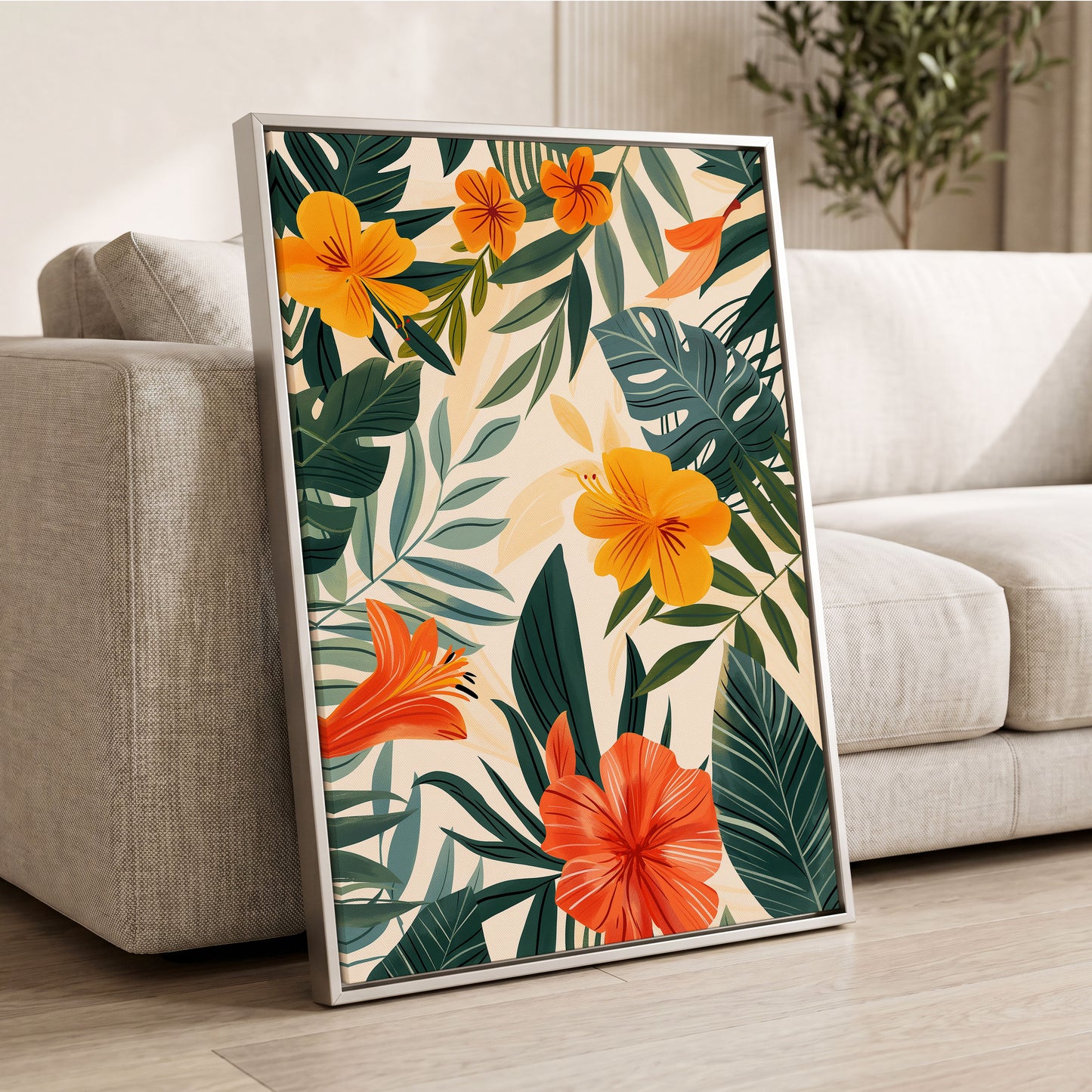 Tropical Ember Garden, green, beige, orange floral wall art displayed in a styled interior, gallery view 2