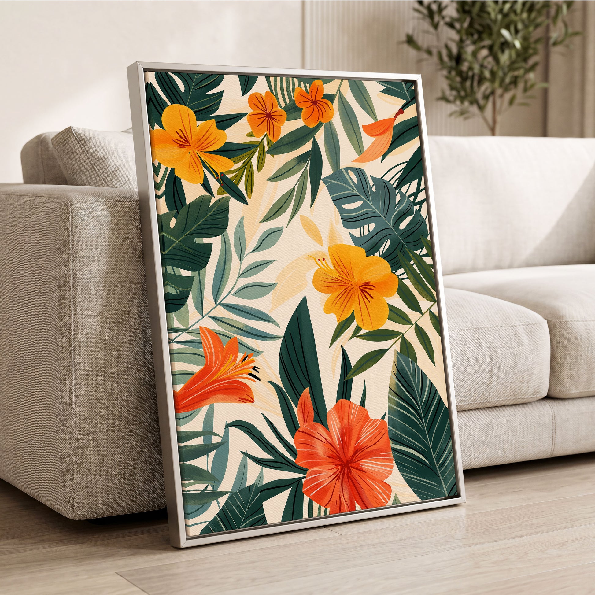 Tropical Ember Garden, green, beige, orange floral wall art displayed in a styled interior, gallery view 2