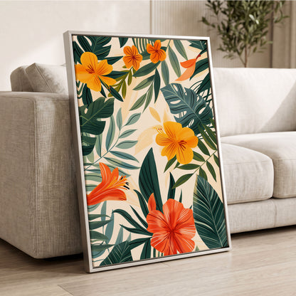 Tropical Ember Garden, green, beige, orange floral wall art displayed in a styled interior, gallery view 2