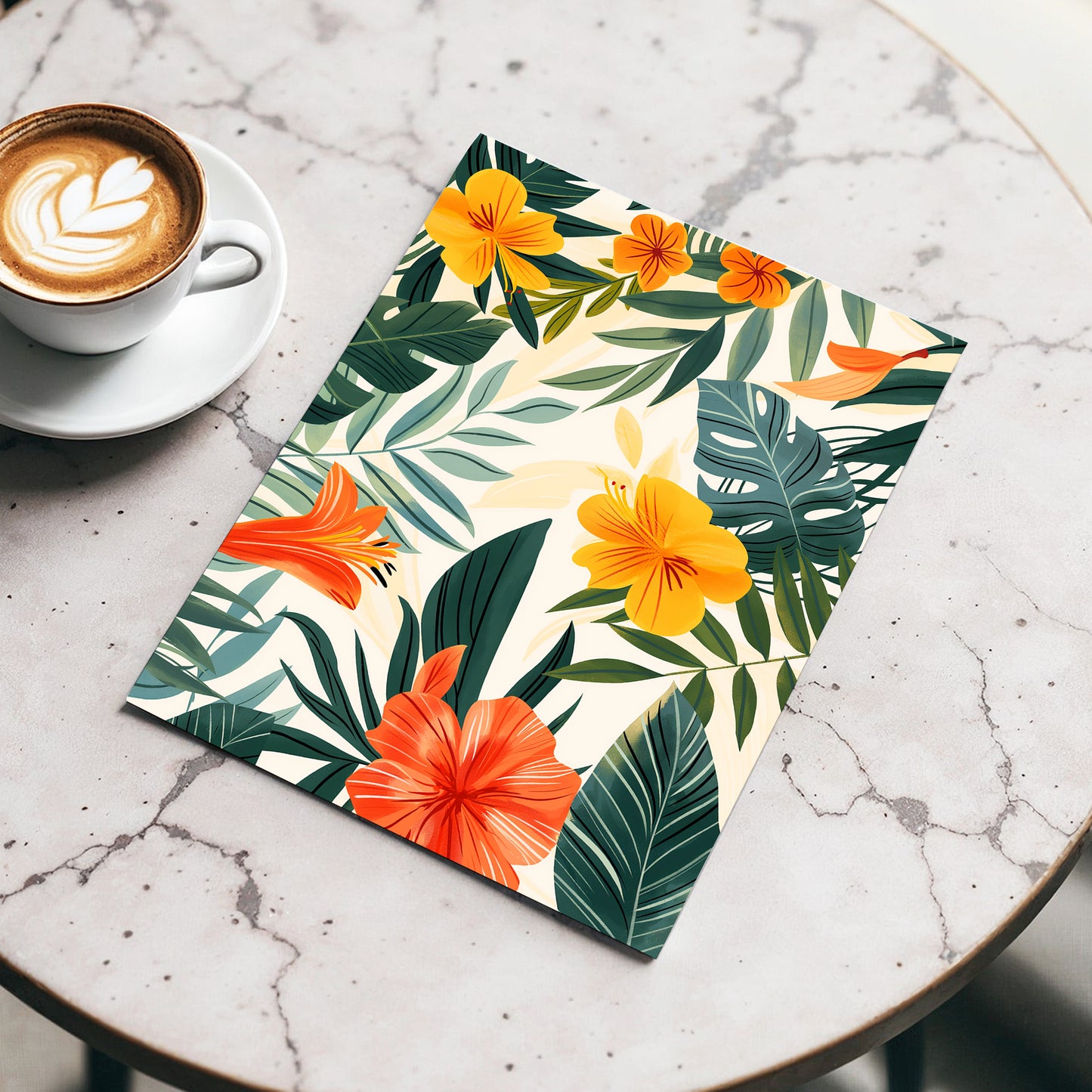 Tropical Ember Garden, green, beige, orange floral wall art displayed in a styled interior, gallery view 3