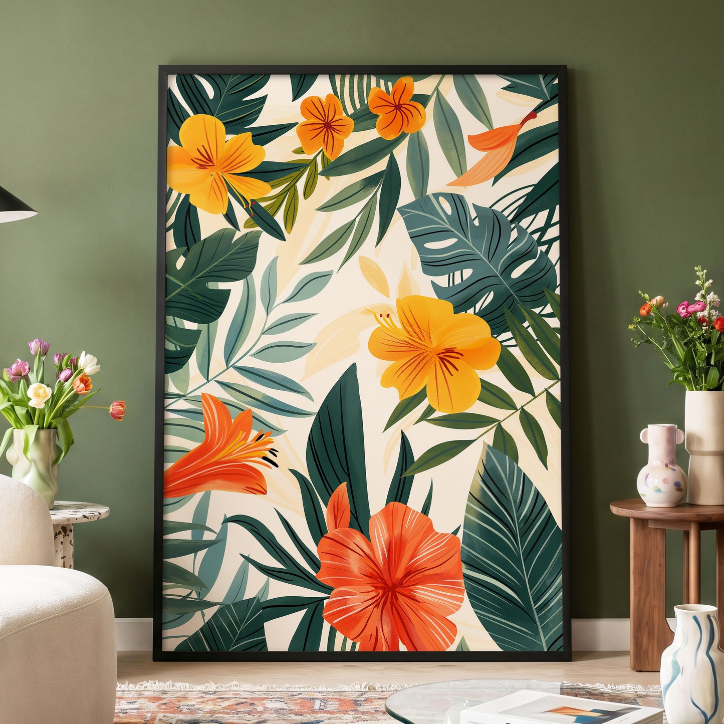 Tropical Ember Garden, green, beige, orange floral wall art displayed in a styled interior, gallery view 4