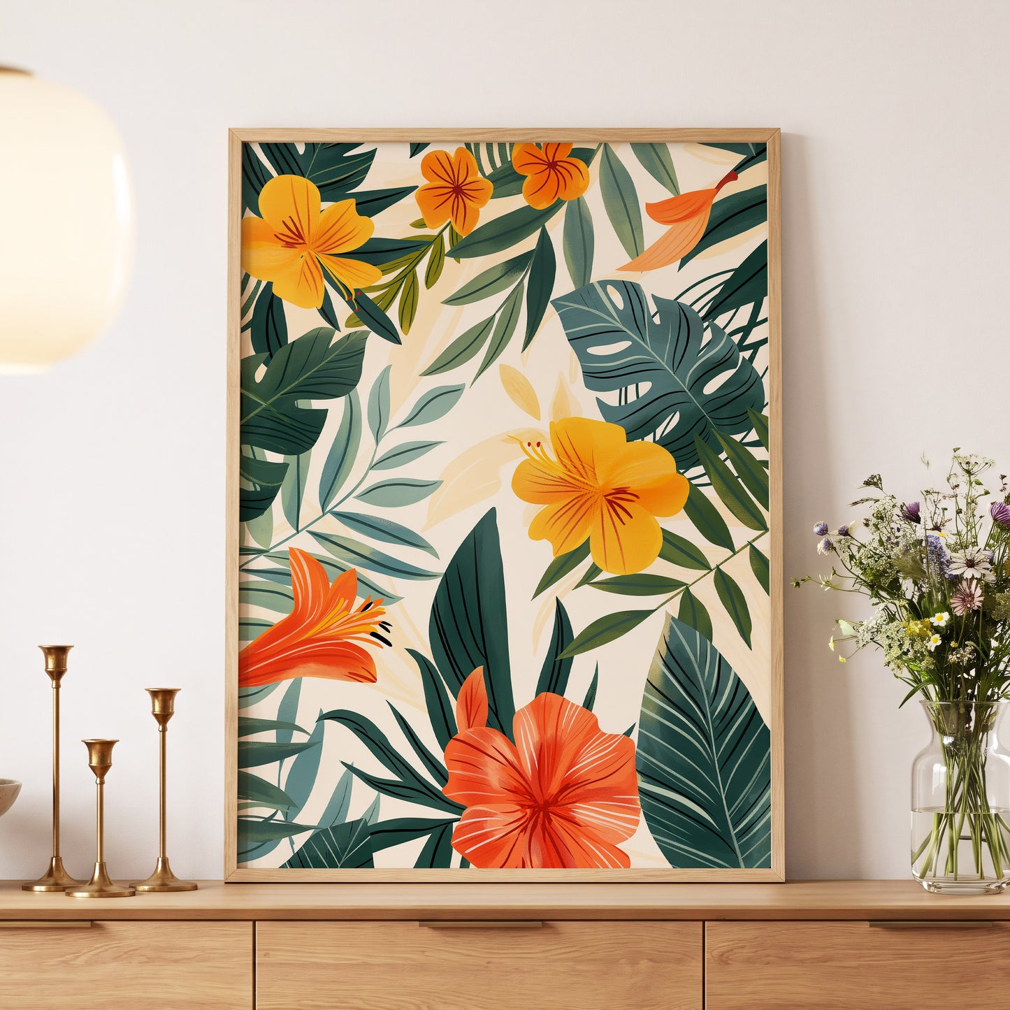 Tropical Ember Garden, green, beige, orange floral wall art displayed in a styled interior, gallery view 5