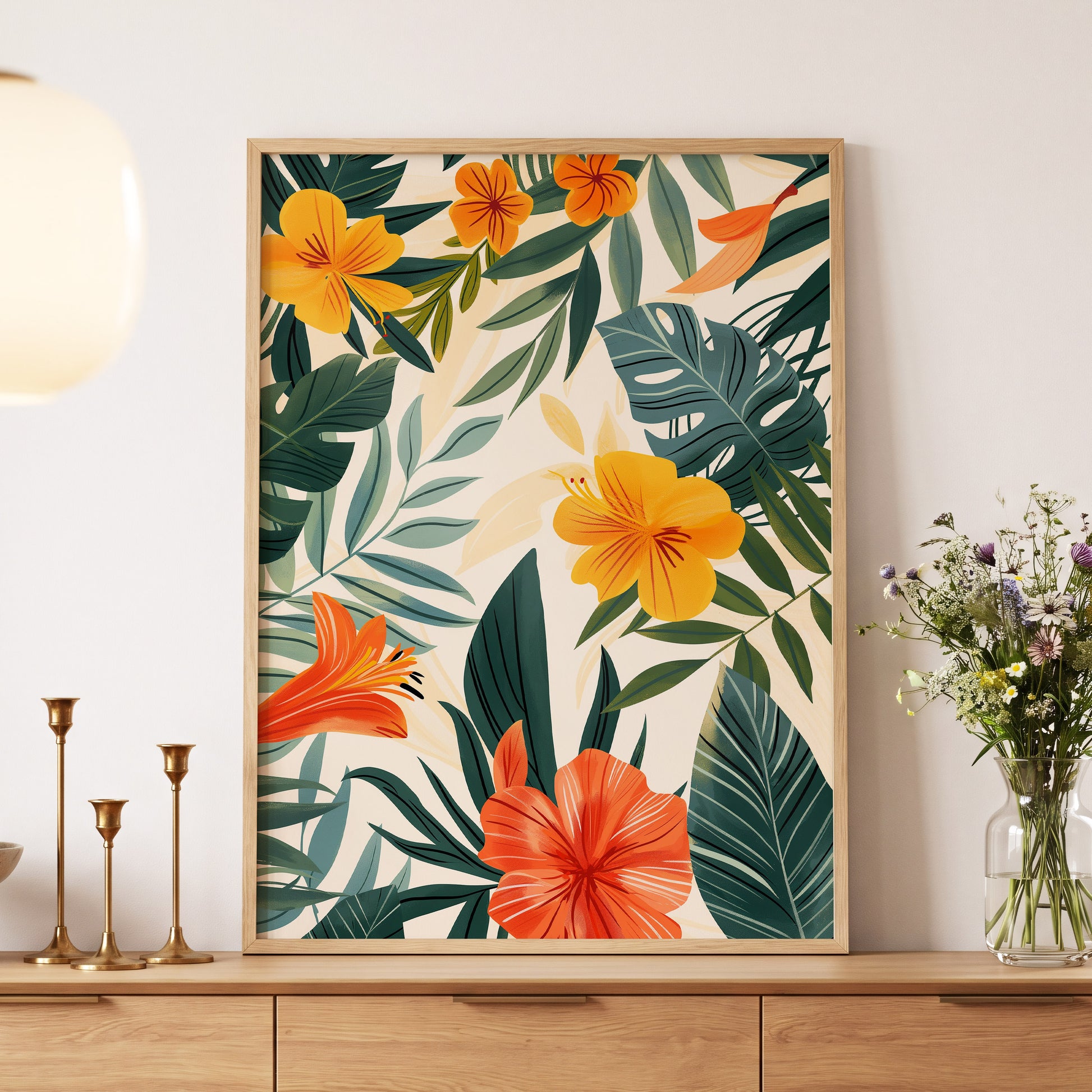 Tropical Ember Garden, green, beige, orange floral wall art displayed in a styled interior, gallery view 5