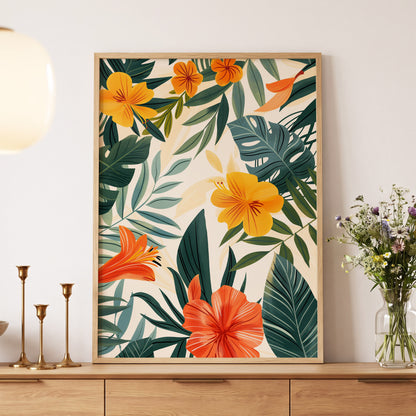 Tropical Ember Garden, green, beige, orange floral wall art displayed in a styled interior, gallery view 5