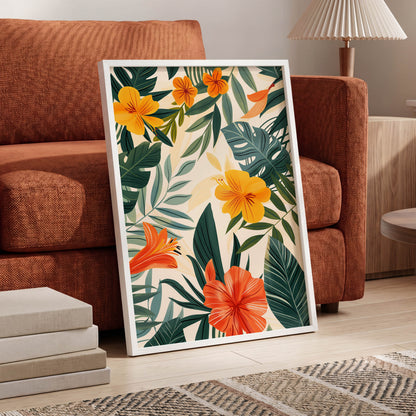 Tropical Ember Garden, green, beige, orange floral wall art displayed in a styled interior, gallery view 6