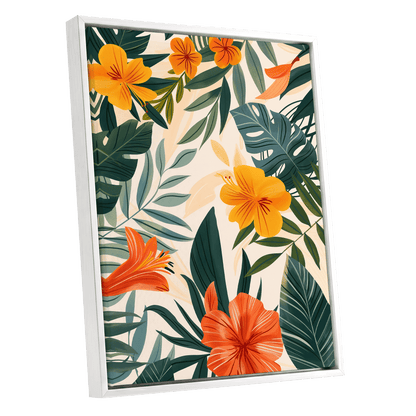 Tropical Ember Garden, green, beige, orange floral wall art shown as a white framed canvas wall art