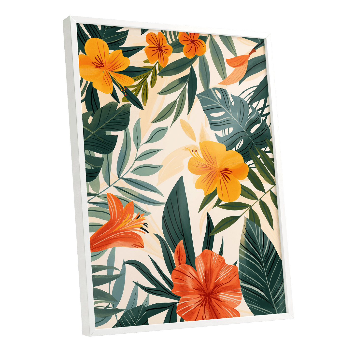 Tropical Ember Garden, green, beige, orange floral wall art shown as a white framed poster wall art print