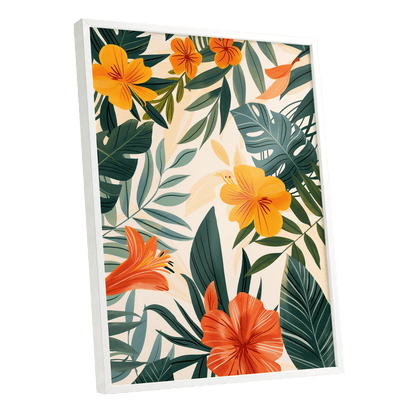 Tropical Ember Garden, green, beige, orange floral wall art shown as a white framed poster wall art print