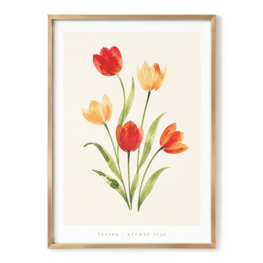 Tulip Chorus, red, green, beige floral wall art, front artwork view