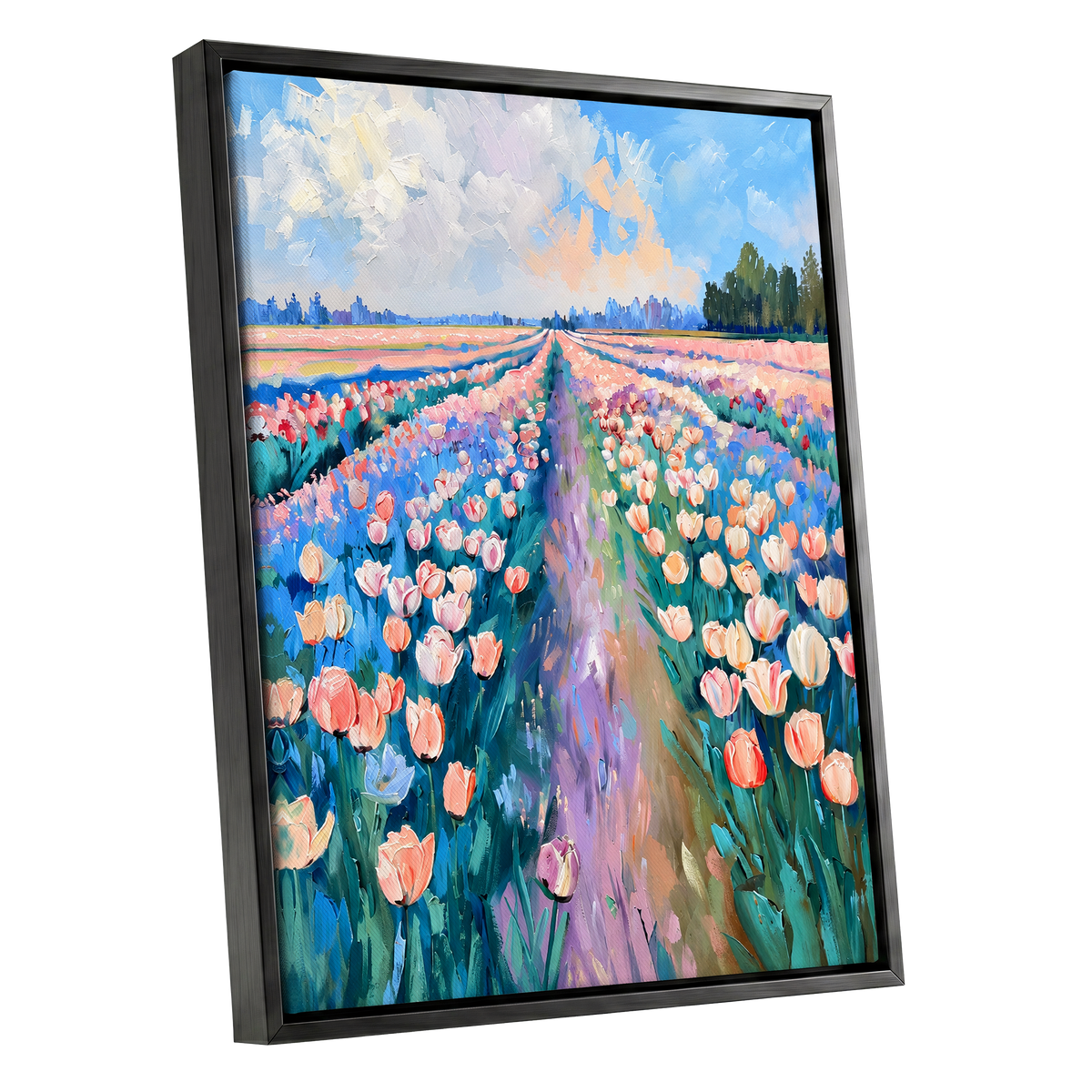 Tulip Skies, blue, green, pink floral wall art shown as a black framed canvas wall art