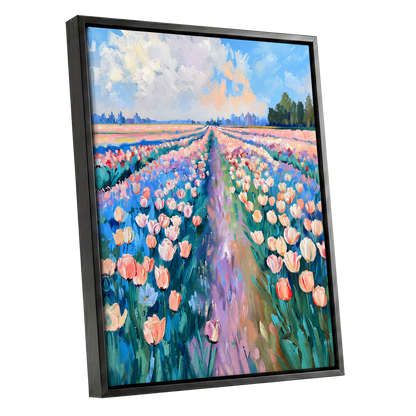 Tulip Skies, blue, green, pink floral wall art shown as a black framed canvas wall art