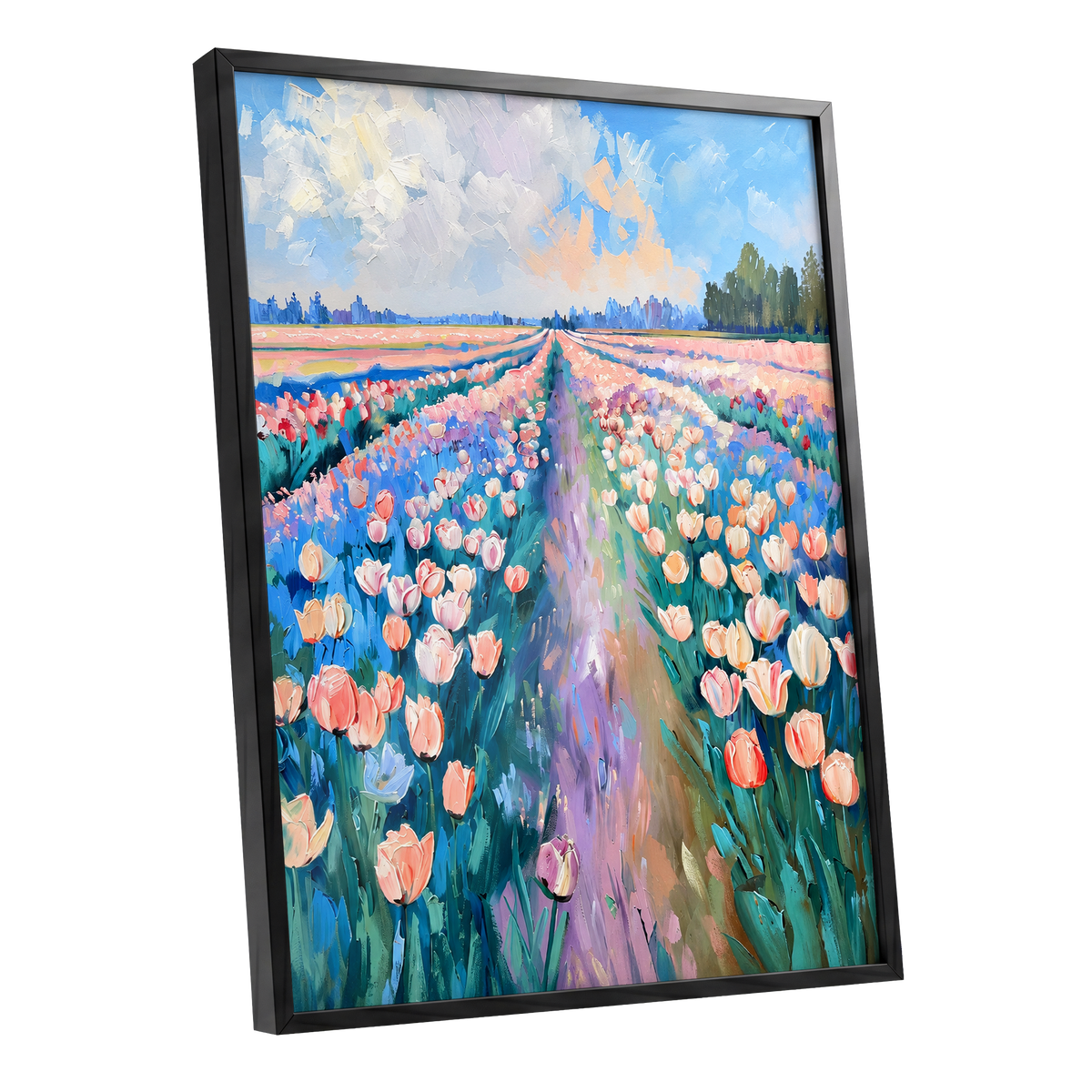 Tulip Skies, blue, green, pink floral wall art shown as a black framed poster wall art print