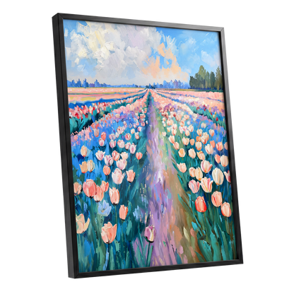 Tulip Skies, blue, green, pink floral wall art shown as a black framed poster wall art print