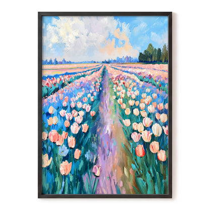 Tulip Skies, blue, green, pink floral wall art, front artwork view
