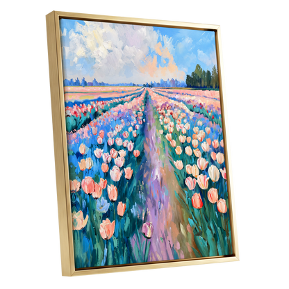 Tulip Skies, blue, green, pink floral wall art shown as a gold framed canvas wall art