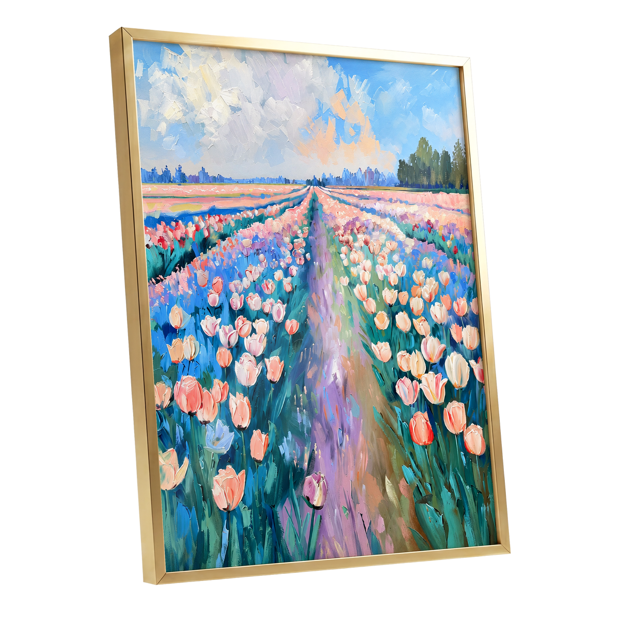 Tulip Skies, blue, green, pink floral wall art shown as a gold framed poster wall art print