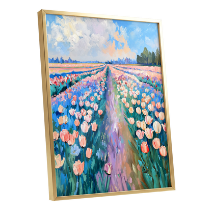 Tulip Skies, blue, green, pink floral wall art shown as a gold framed poster wall art print