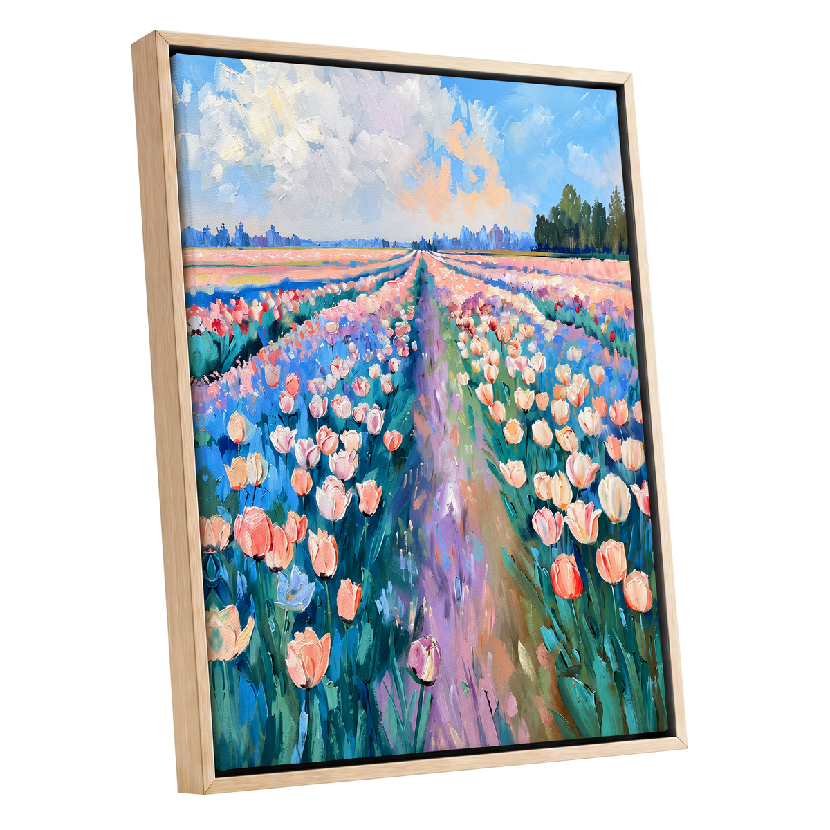 Tulip Skies, blue, green, pink floral wall art shown as a oak framed canvas wall art
