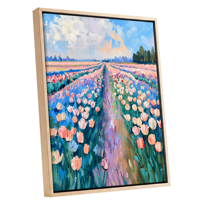 Tulip Skies, blue, green, pink floral wall art shown as a oak framed canvas wall art