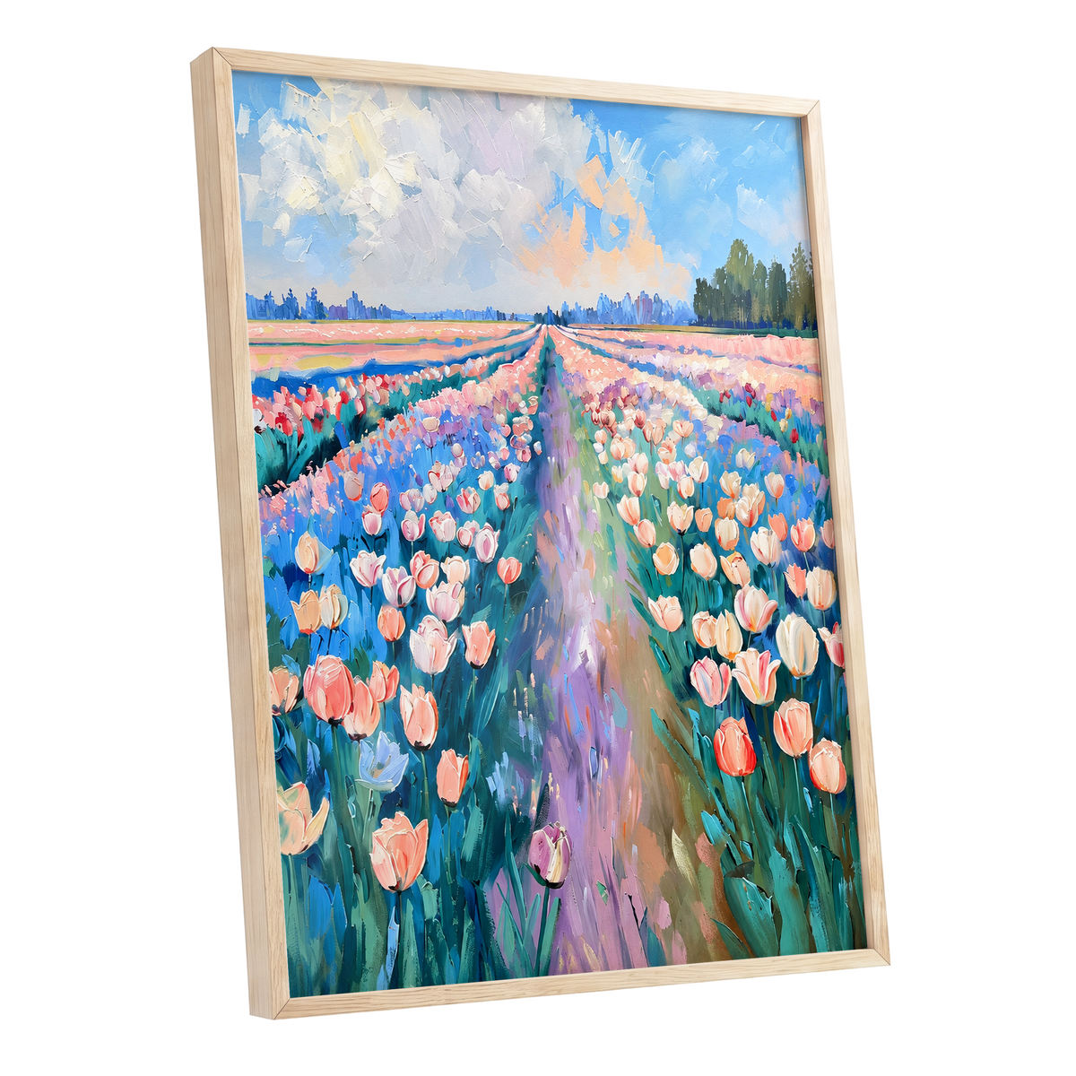 Tulip Skies, blue, green, pink floral wall art shown as a oak framed poster wall art print