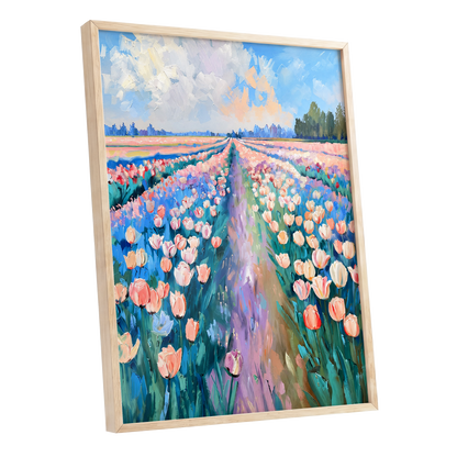 Tulip Skies, blue, green, pink floral wall art shown as a oak framed poster wall art print
