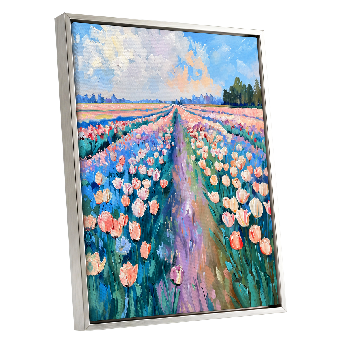 Tulip Skies, blue, green, pink floral wall art shown as a silver framed canvas wall art