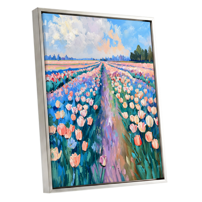 Tulip Skies, blue, green, pink floral wall art shown as a silver framed canvas wall art