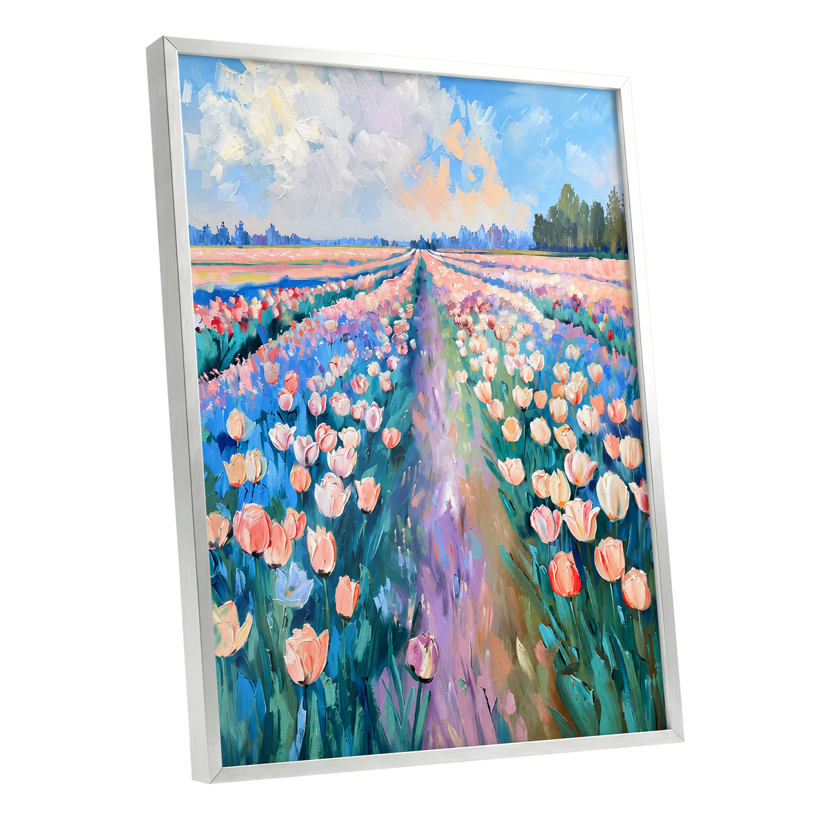 Tulip Skies, blue, green, pink floral wall art shown as a silver framed poster wall art print